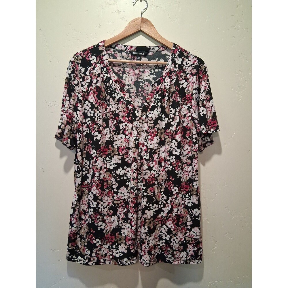 Ellen Tracy Women's Sz XL Black‎ Pink Floral V-Neck  Short Sleeve Blouse Stretch